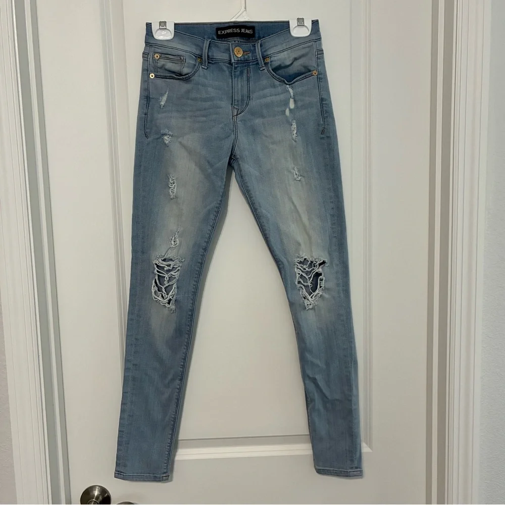 Express Blue Skinny Legging Mid Rise Distressed Jeans Womens 2R - Picture 1 of 11